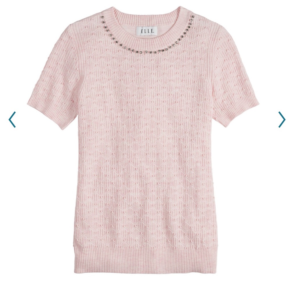 Ellie Womens Embellished Short Sleeve Sweater Light Pink Crew Neck Ribbed Cuffs